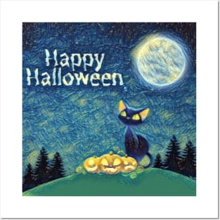 Happy Halloween Black Cat Design Posters and Art